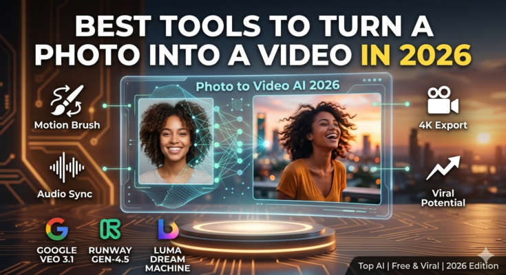 A high-tech interface showing a still portrait of a person transforming into a cinematic 3D moving video using 2026 AI technology.