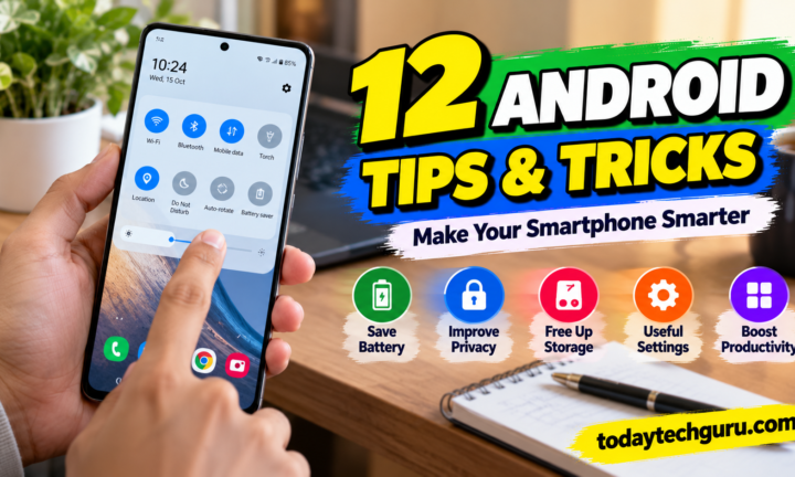 12 Android tips and tricks featuring a person using a smartphone, with quick settings and tips for saving battery, improving privacy, freeing storage, and boosting productivity.